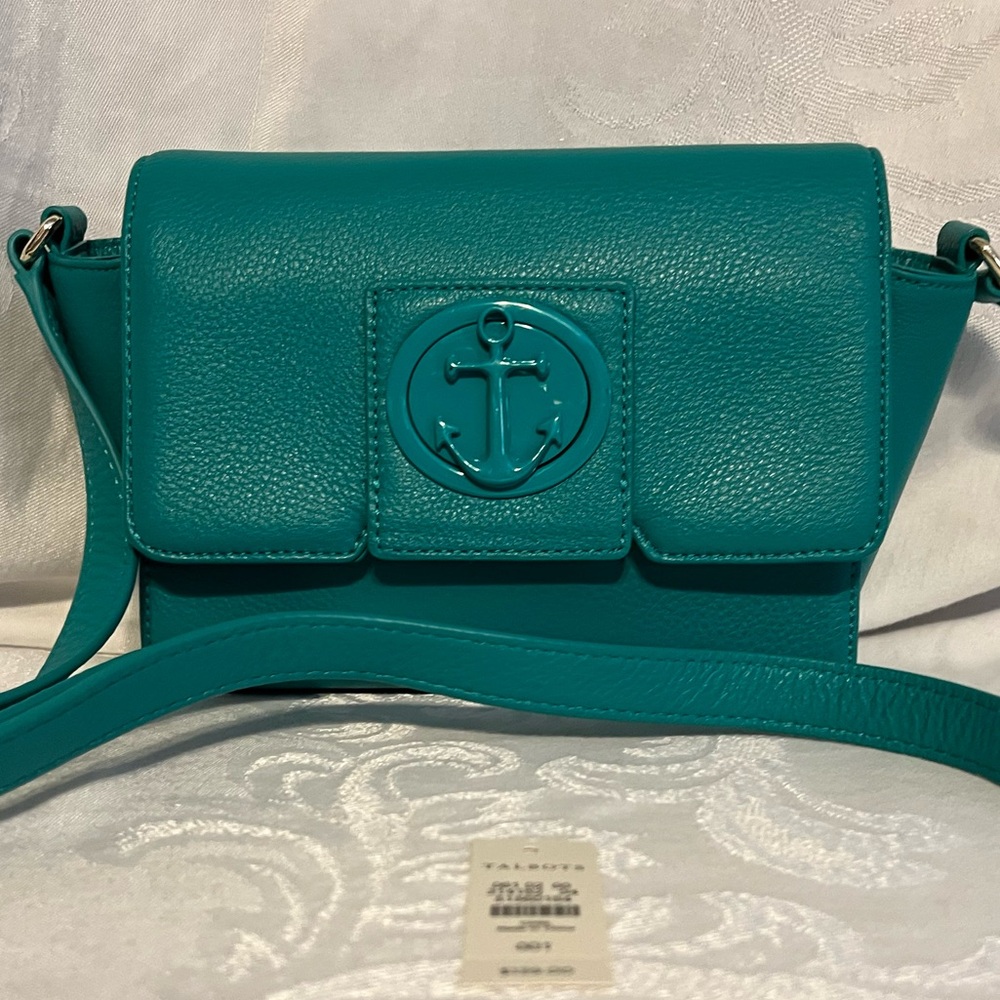 Talbots green leather shoulder bag with metal anchor twist closure